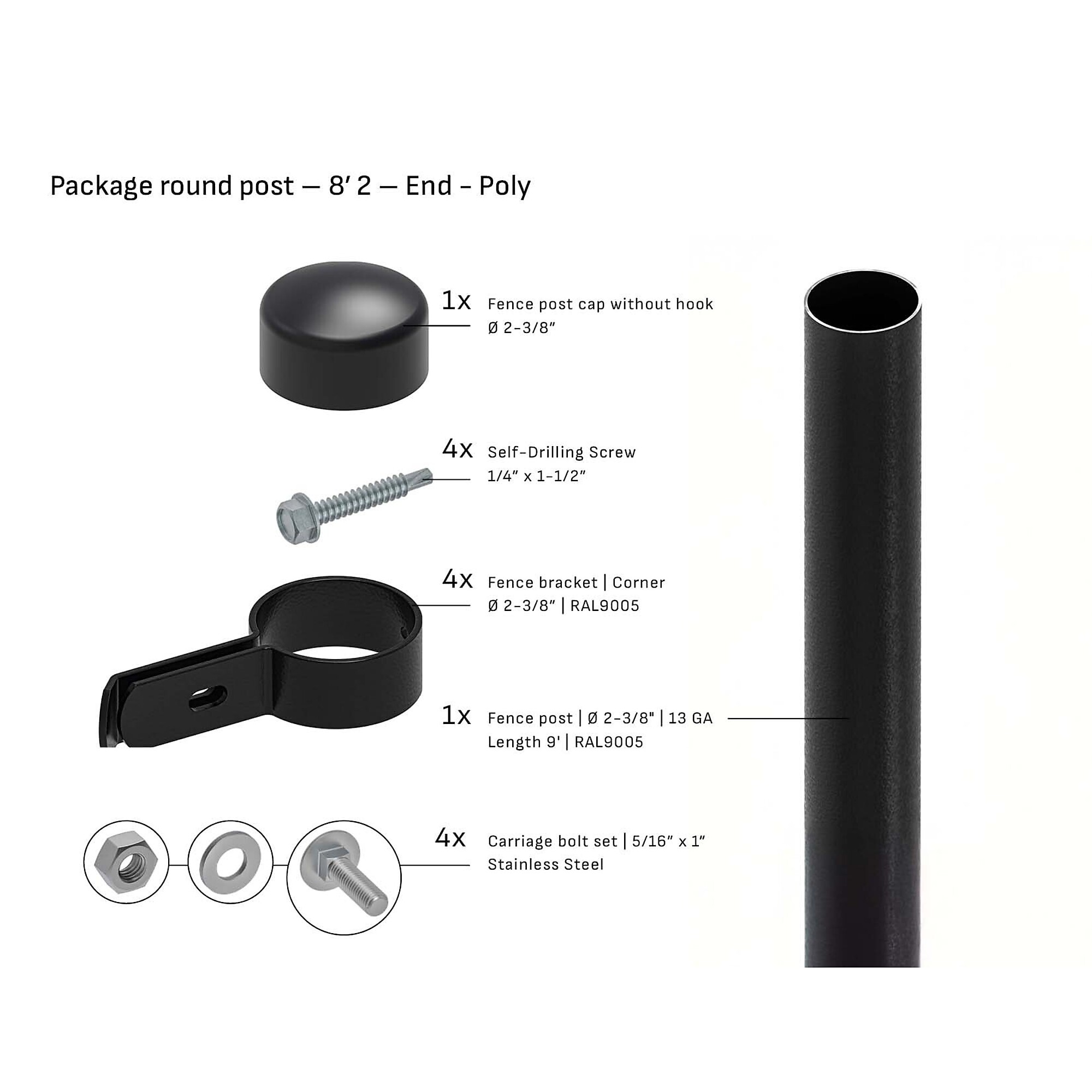 Tarter Round Steel End Fence Post — 2-3/8in. x 8ft., 12-Ga. Steel, Black, Poly Cap, Model# 2001003